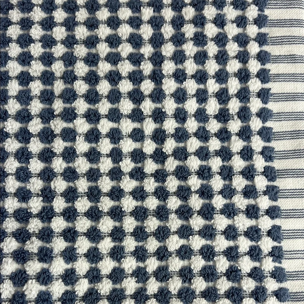 DKNY Bath Towels Blue & White Gingham Check Dots 100% Cotton Set of 2 NEW
